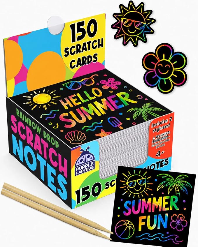 Rainbow Scratch Art for Kids - 150 Pcs Rainbow Scratch Art Paper Mini Notes | Arts and Crafts Supplies Ages 4-12, Stocking Stuffers for Kids, Activities for Classroom, Camping, Summer, Travel, & Wedding