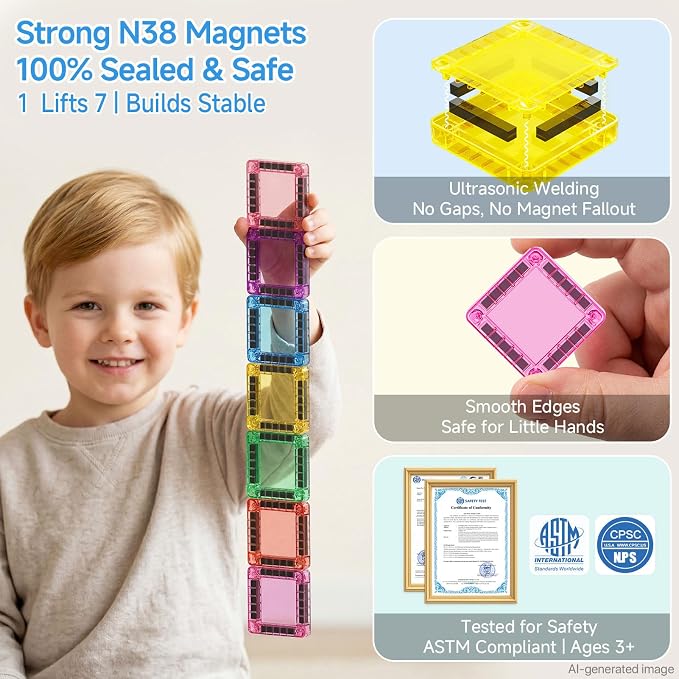 Magnetic Tiles for Kids 60 Mins Quiet Play at Church Restaurant | 40 PCS Pocket Magnet Building Blocks in Tin Box to Stop Crying- Boys Girls Age 3-8