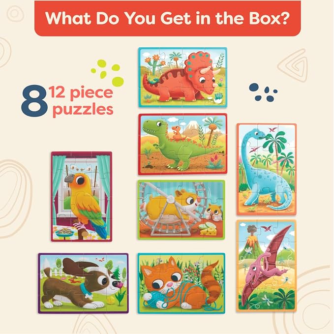 B. toys Wooden Puzzles Pack o' Puzzles Pets & Dinos 2-Pack Set, 2 Pack | 8 wooden jigsaw puzzles in 2 storage boxes; 12 pieces each, pet and dinosaur themes, color-coded backs, 2 Pack; 3+ Years