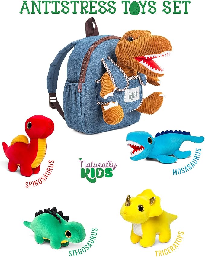 Naturally KIDS Toddler Dinosaur Backpack w Plush Dinosaur Toys for Kids 2-5 | Dinosaur Gifts for Kids 3-5 in Gift-Ready Box, Birthday Gifts for 2 3 4 5 Year Old Boys, Girls