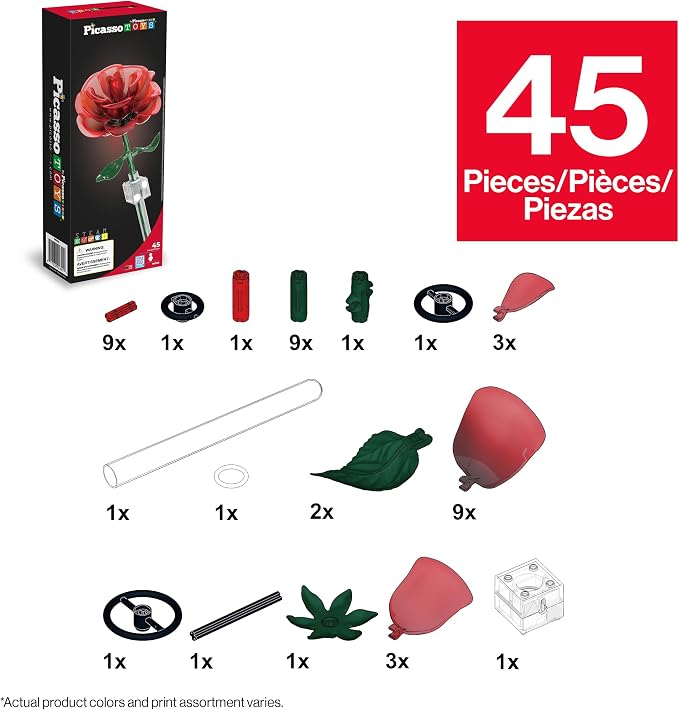 PicassoTiles Red Stem Rose Building 45pc Set With Magnetic Hold Piece Creative Hands-On Play Discovery Activity Kit Room Decor Gifts For Mother’s Day Present Display Flower Boys Girls Kid Age 3+ PBS20