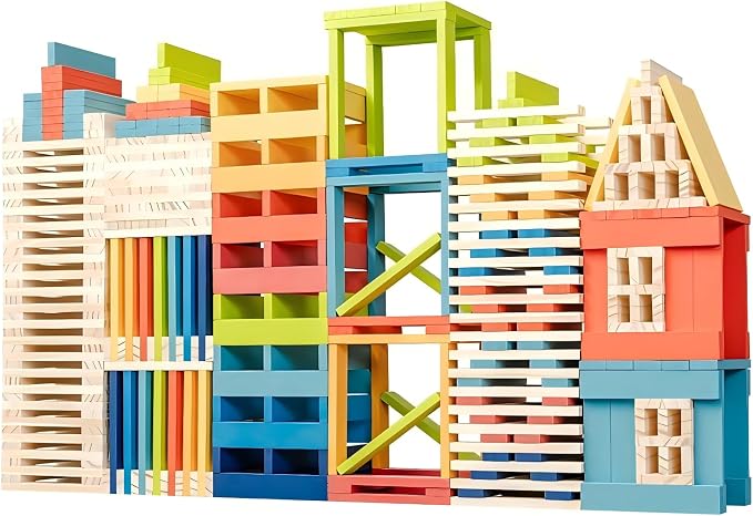 Premium 300 Pcs Rainbow Wooden Building Planks Kit, Open-Ended Creative Building Blocks Set for Kids Ages 3-12,Colorful Pine STEM Construction Toys - Educational Sorting & Patterning Gift (4.65 in)