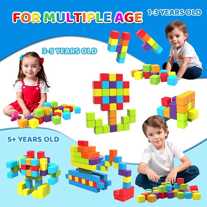 Magnetic Building Blocks, 1.65 inch Large Stacking Cubes for Toddlers | Sensory & Montessori Toys for Boys & Girls 1 2 3 Years Old, Kids Travel Toys, Magnetic Toys Birthday Gifts (24 PCS)