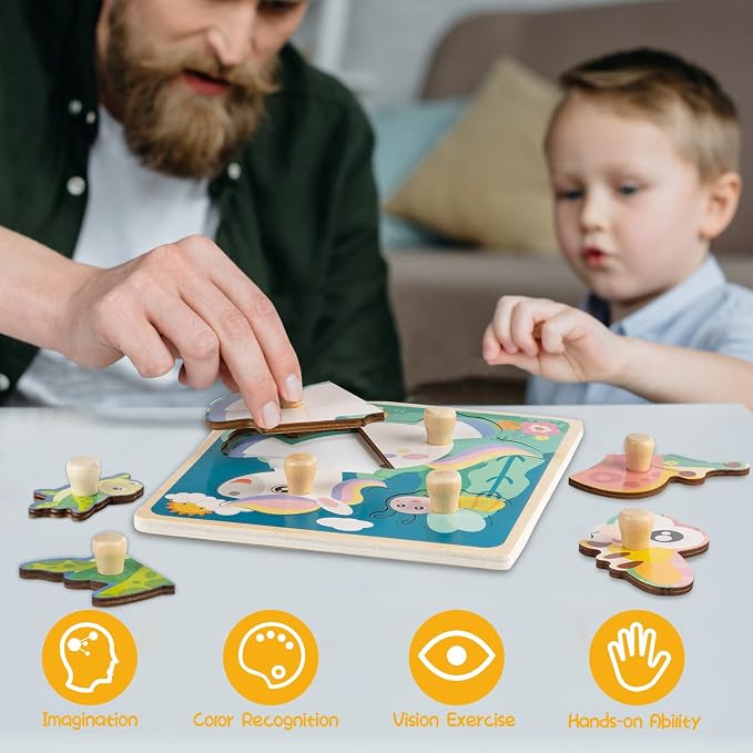 Chunky Wooden Puzzles for Toddlers 1-3: 4 PCS Animals Peg Puzzles Toys | 10 Reinforced Design Tested to 1,000+ Assembly Cycles - Big Pieces for Little Hands - Gift for 1-3 Year Olds Girl Boy