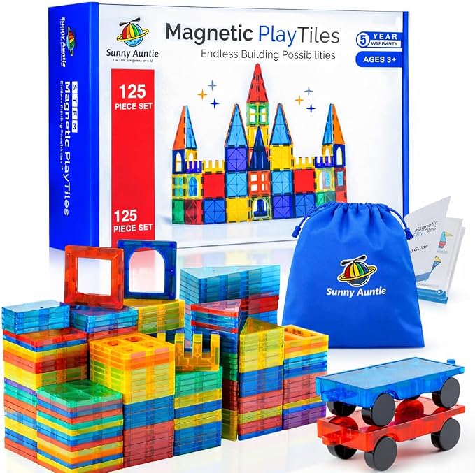 SUNNY AUNTIE Magnetic Tiles STEM Toys Building Set, Ages 3+ - 125 Pieces | Magnetic Tiles Building Toys, STEM Toys, Magnetic Blocks Construction Set, with 2 Cars & Guide Booklet for Kids Ages 3+