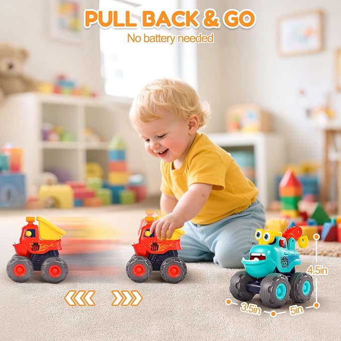 Toy Cars for 1-3 Year Old, 3 PCS Construction Monster Truck, Toddler Toy | Baby Toys 12-18 Months, Kids Toy, Christmas & Birthday Gifts, Pull Back Car with Big Wheel, Crane Truck Dump Excavator
