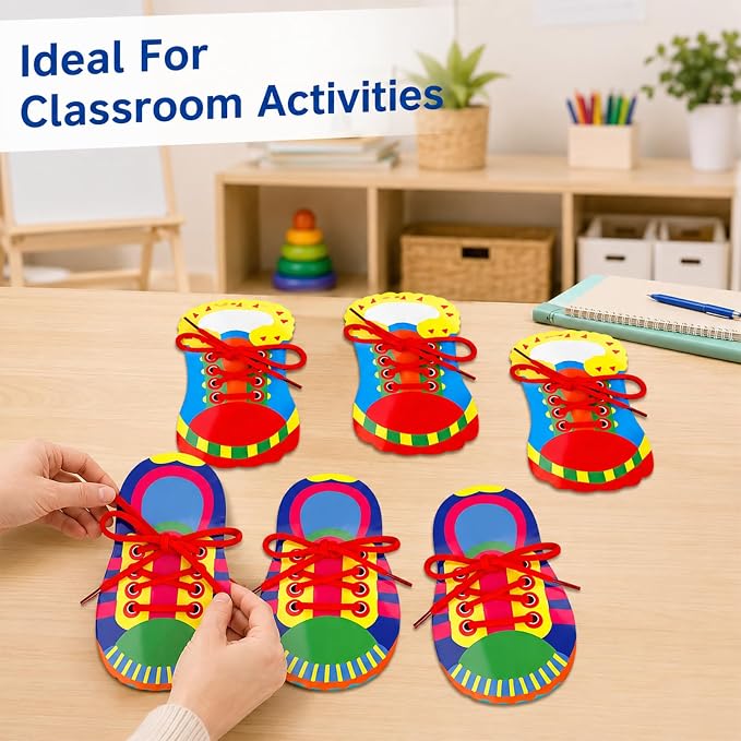 Quixorblex 6 Pcs Shoelace Threading Shoe Tying Practice for Kids Lacing Cards Toddlers Fine Motor Skills Toys Learning Activities Montessori Toys