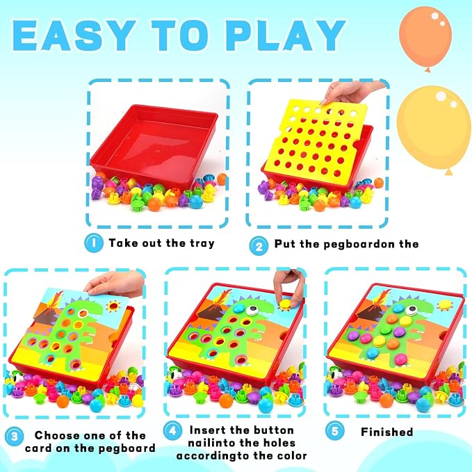 Button Art Pegboard for Toddlers - 12 Pics & 46 Buttons, Gift 3+ | 7.8'' x 7.8'' pegboard with dinosaur theme. Builds fine motor skills, color matching & creativity. Preschool learning gift