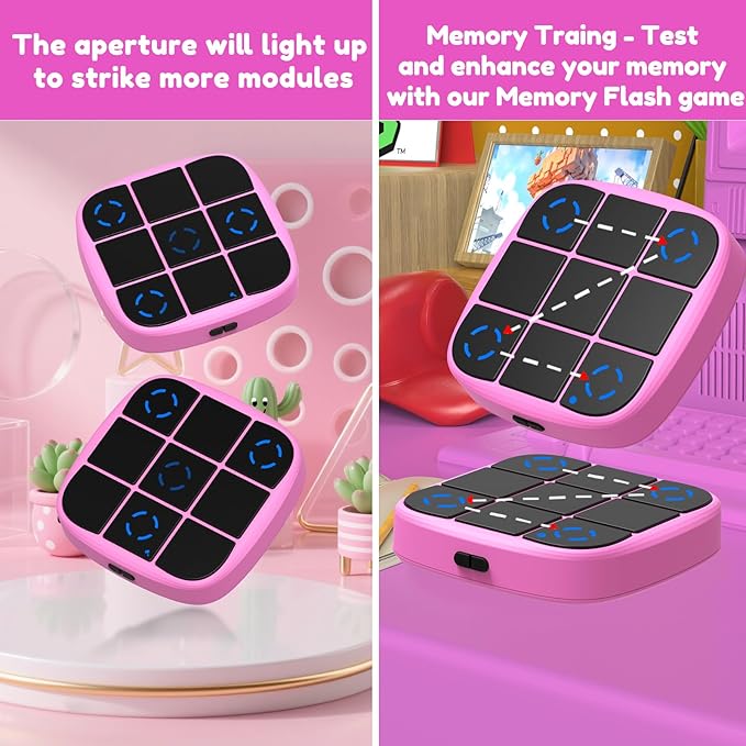 KOQQQ Rechargeable Tic-Tac-Toe Bolt Game, Upgraded 4-in-1 Handheld Puzzle Console, Electronic Educational Memory Game, Portable Travel Car Ride Board Games for Kids Adults (Pink)