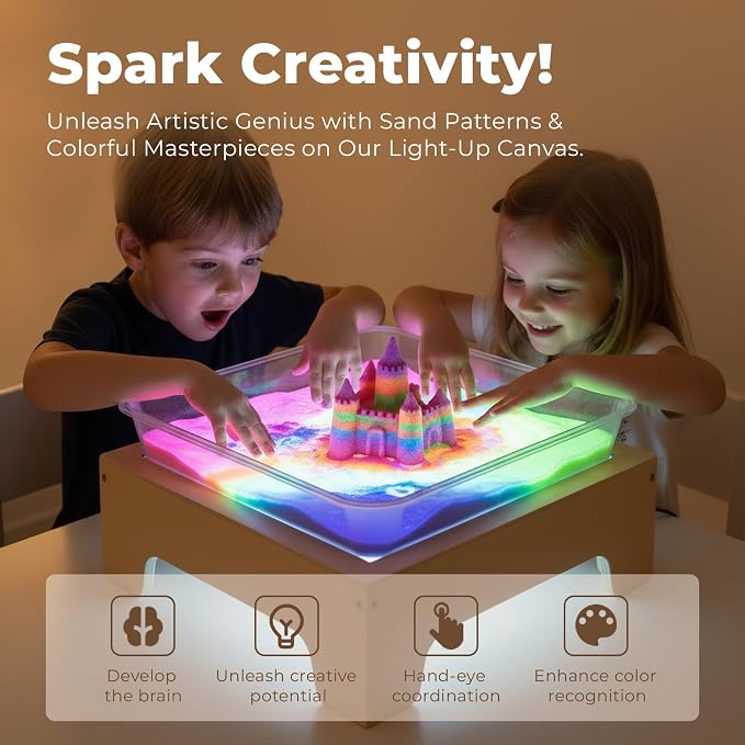 bopoobo Light Table for Kids -Sand Painting Light Box All-in-One Sandbox Alternative with Tracing Light Box, 10 Dimming Levels & 50+ Pieces(USB)