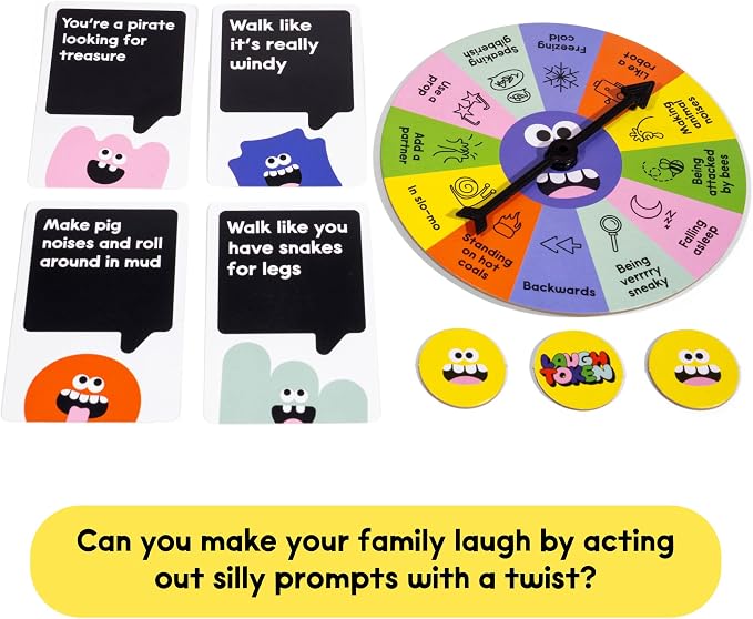 Laugh Attack | Don't Laugh Challenge Card Game for Kids & Families | Age 5+ | 200 Prompt Cards, 18 Laugh Tokens, 1 Spinner, 3+ Players, Kids Gift for Boys & Girls, Funny Game, Family Game Night