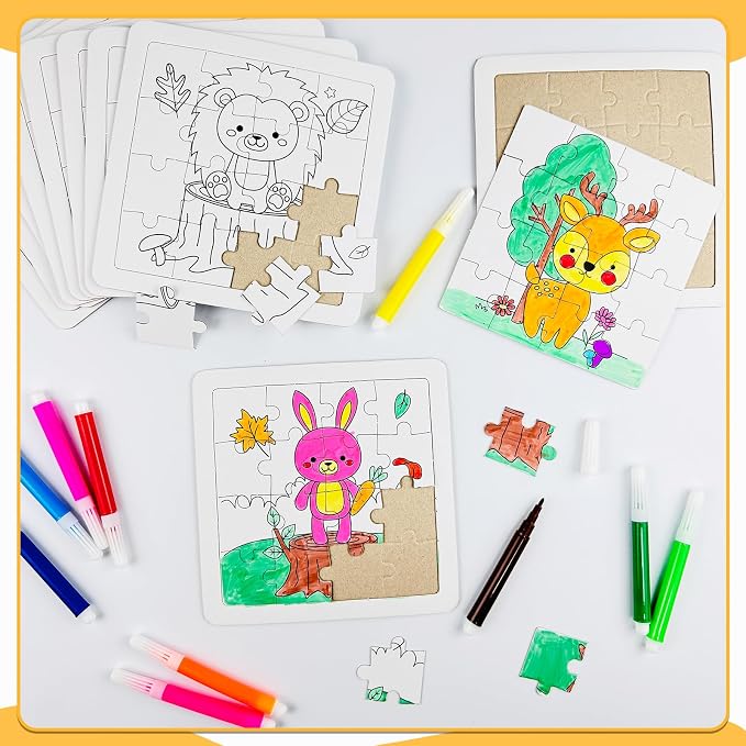 Cinrobiye 24 PCS Woodland Animal Coloring Jigsaw Craft Kit for Kids, DIY Forest Creature Activity Set Bulk with 12 Designs, Wildlife Birthday Party Favors, Classroom Art Projects