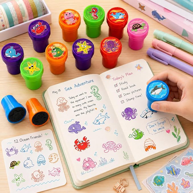 Cinrobiye 24 Pcs Ocean Animal Stampers Party Favor Set, Cute Sea Life Stamps for Kids Birthday Party, Classroom Rewards, Carnival Prizes, Goody Bag Fillers, Under the Sea Party Supplies
