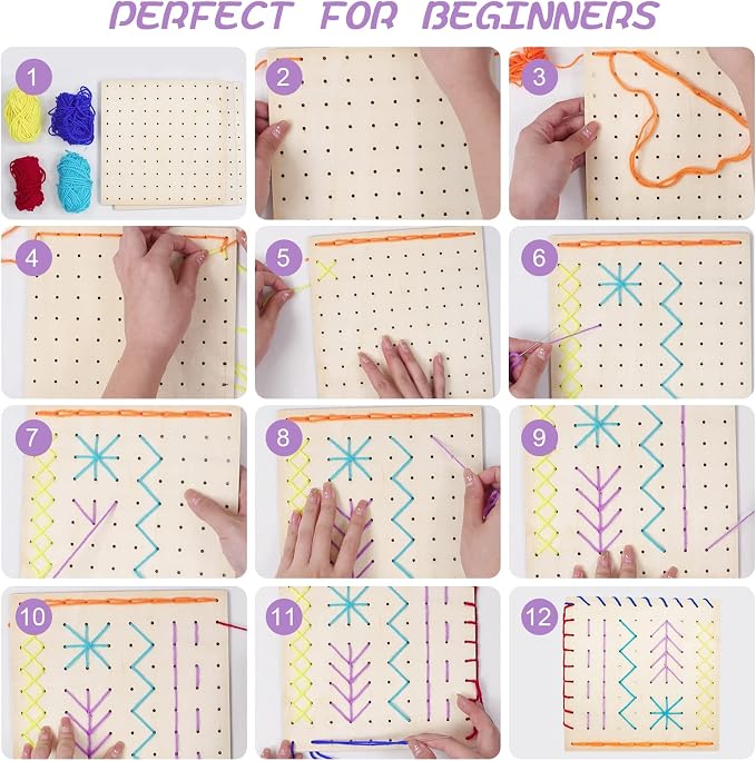 FREEBLOSS 2 Set Wood Sewing Boards Motor Skills Practicing Wooden Lacing Projects Wooden Threading Kits Sewing Craft Kits