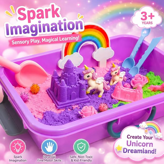 AGENTLAN Unicorn Sensory Bin,Sensory Sand Kit, Gift for Girls Ages 3-8 | Unicorn toys, sensory toys with portable sand box, indoor outdoor kits for girls and boys