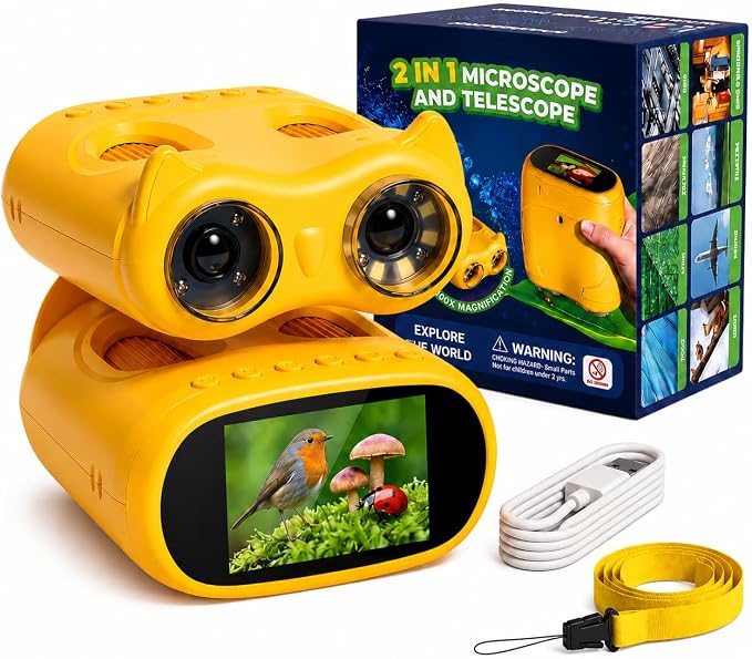 2-in-1 Kids Microscope and Telescope, 1000X Handheld Digital Microscope for Kids, 2.0" Screen, 8 LEDs, 10X Pocket Telescope for Outdoor, 1080P Camera STEM Toys Gift for Boys Girls 4-12, Yellow