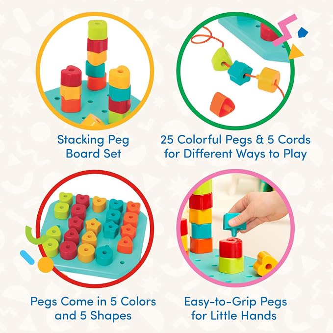 Battat Toddler, Count & Match Stacking Pegboard Toy | 31-piece set with 1 pegboard, 25 colorful pegs, and 5 matching cords for stacking, lacing, counting, and matching, 2+ Years
