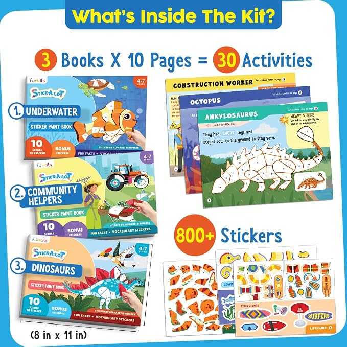 Funcils Paint by Sticker Book for Kids Ages 4-8, 30 Color Sticker by Number | Travel, Airplane, Car Activities for Kids, Girls & Boys - Art & Crafts Games, Puzzle Books, Learning Educational Kit