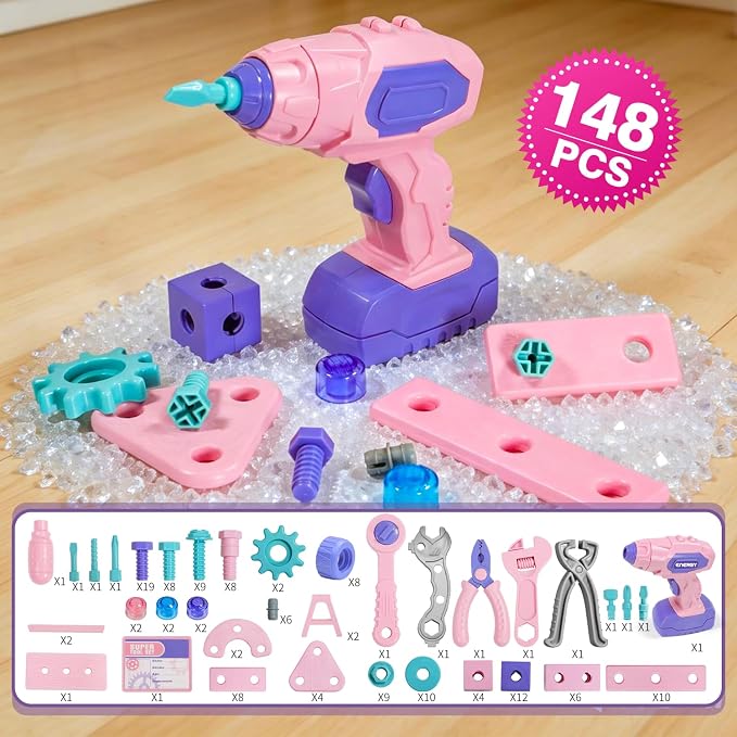 VEAIS Pink Kids Tool Set for Girls,Tool Set with Drill &Toolbox,STEM Montessori Toys for 3 4 5 Year Old,Pretend Play Kid Toy,Educational Construction Toy for 3-6 Year Old Girl,Birthday Gift for Kids