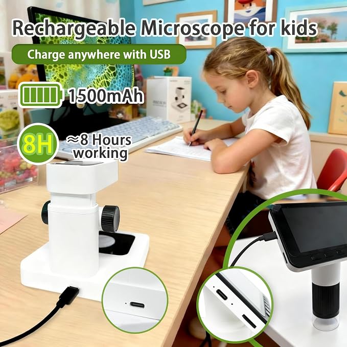 HoverBots Digital Microscope for Kids with 32 GB TF Card | 4.5" Screen Rechargeable Handheld Microscopes, Portable Educational Science Kits for Boys Girls Student Children