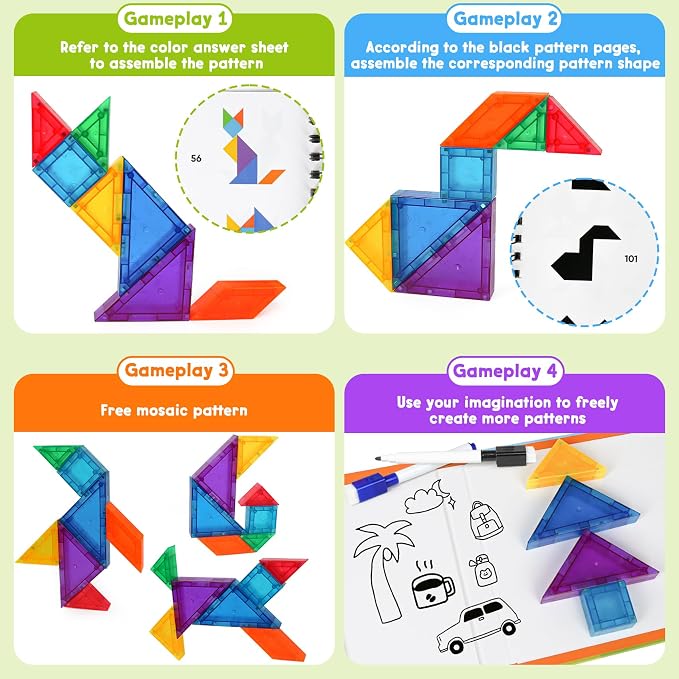 3D Magnetic Travel Tangram Puzzle, STEM Brain Teasers Toy for Kids&Adults | 400 Shape Challenges, Logic Skill Builder, Portable Book Design, Easy to Store, Educational Learning Gift