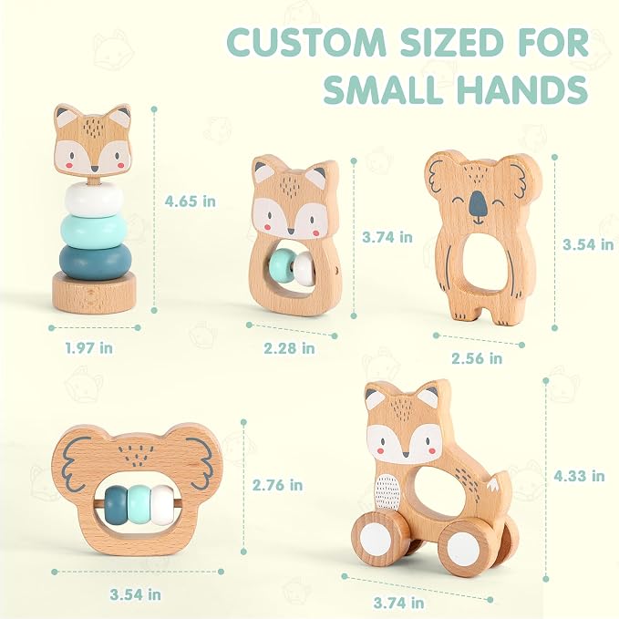 FReniland Wooden Montessori Toys, 5-Piece Wooden Baby Toy, Koala Baby Rattle, Fox Stacking Ring, Little Fox Push and Pull Toys,Koala Holding Toy,Newborn Baby Gift Sets for Boys and Girls