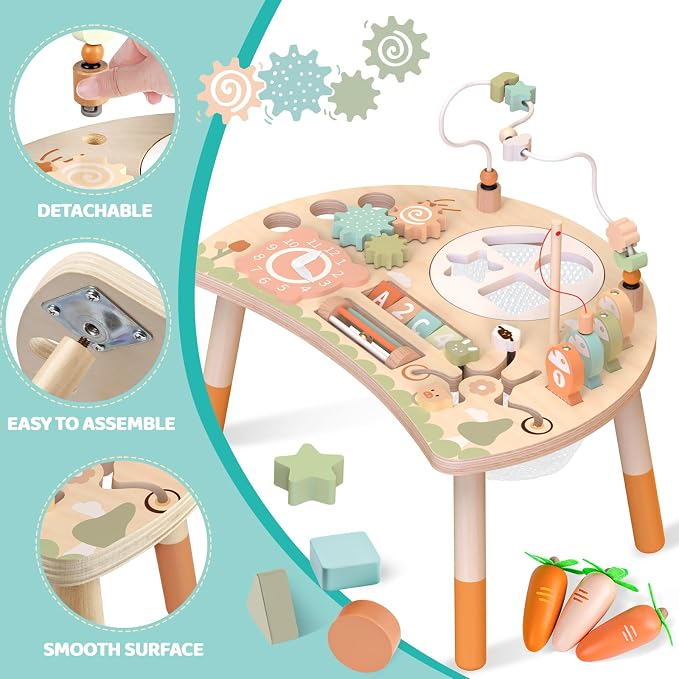 Wooden Activity Table for Toddlers, 9 in 1 Montessori Toy | Sensory Learning, Bead Maze, Shape Sorter, Fishing Game, Spinning Gears, Wood, CPSIA Certified, Gift for Boys Girls