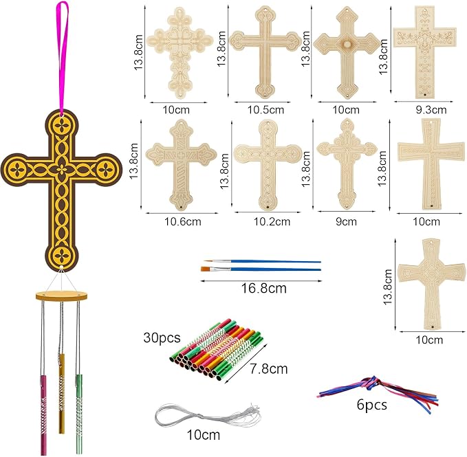 Fennoral 9 Pack Cross Wind Chime Kit for Kids Make You Own Sunday School Craft for Kids Wooden DIY to Paint for Art Activities Christian Mom's Gifts Birthday Sunday School Decoration