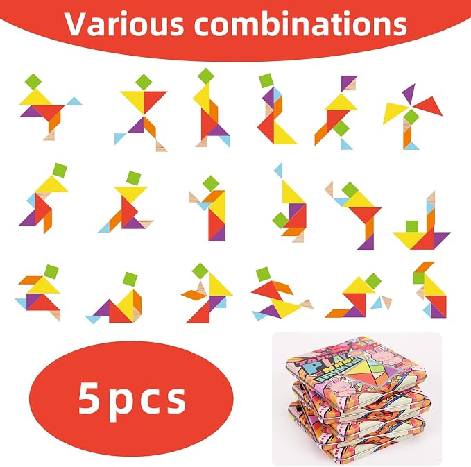 5 Pack Wooden Blocks Puzzle Brain Teasers Toy | STEM Montessori Educational Gift for Kids Ages 3-6 Stocking Stuffers
