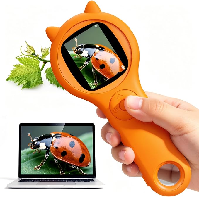 Bug Exploration Microscope for Kids, 500X Handheld Digital Microscope with 2" IPS Screen, Backyard Adventure STEM Science Toy Age 5-12 (Orange)