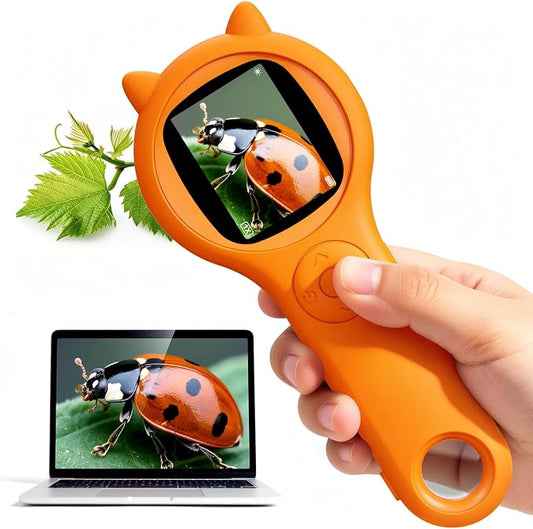 Bug Exploration Microscope for Kids, 500X Handheld Digital Microscope with 2" IPS Screen, Backyard Adventure STEM Science Toy Age 5-12 (Orange)