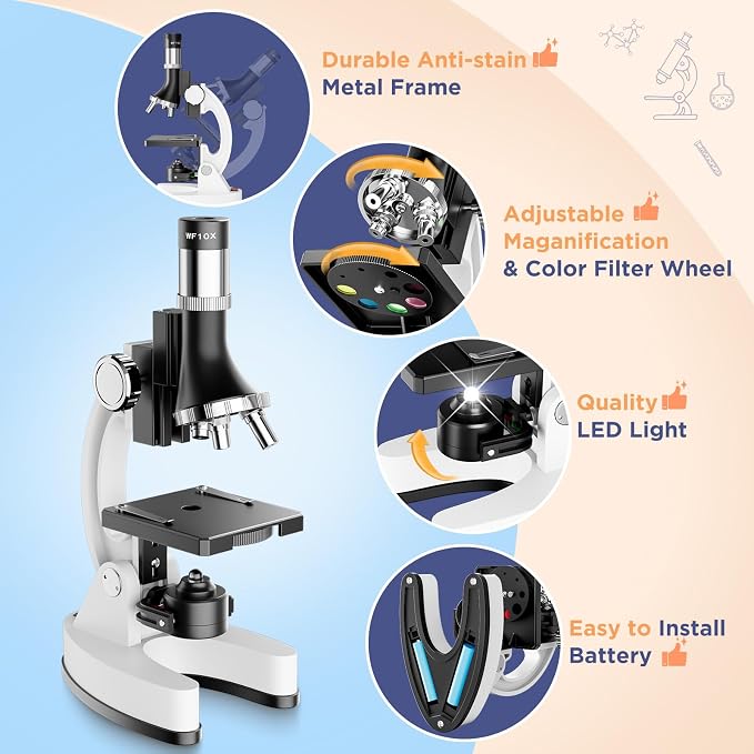 100X-1200X Kids Microscope Kit for Children: Compound Microscope for Kid | STEM Biology Discovery Science Experiments Microscopio Set with Metal Frame, Carrying Box Educational Gift for Child 8-12