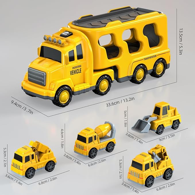 Beby Buty 5 in 1 Construction Trucks Cars Toys for Toddlers 3-5 | Boy Toddler Car Truck Toys with Light Sound, Includes Crane, Mixer, Bulldozer & Excavator, Birthday Gifts for 3 4 5 Year Boys