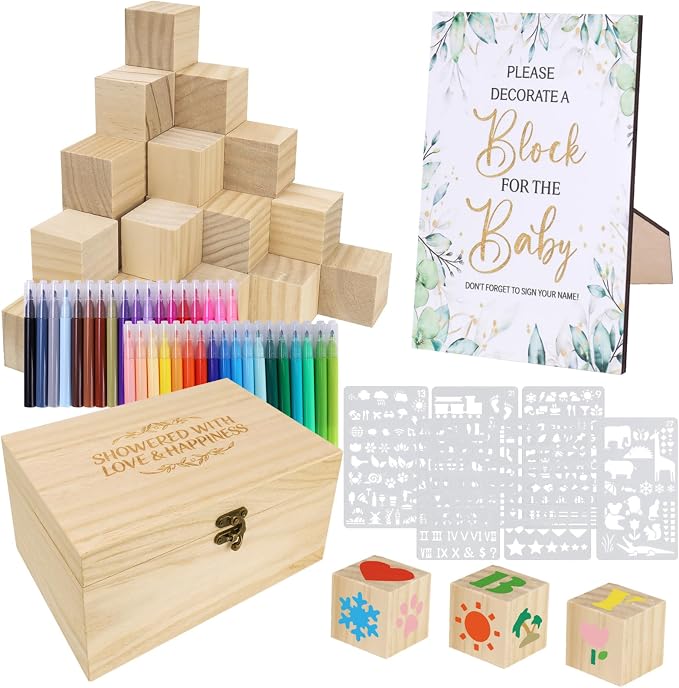 96 Pcs Decorate A Block Baby Shower, Fun Baby Shower Games Sign Kit, Baby Shower Blocks to Decorate, Baby Blocks Wooden Box with 52 Wooden Blocks 36 Paint Markers 1 Game Sign 6 Stencil Templates