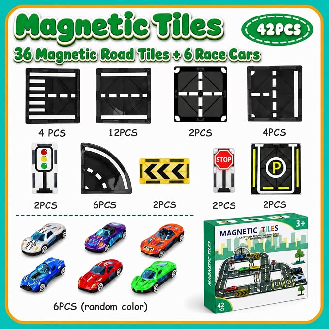 Magnetic Tiles Road Set with Cars, Magnetic Blocks for Kids Ages 4-8 | 6 Cars, Traffic Lights & Road Signs, STEM Construction Toy for Boys Girls Ages 3-5 4-8 5-7, Expansion Magnetic Building
