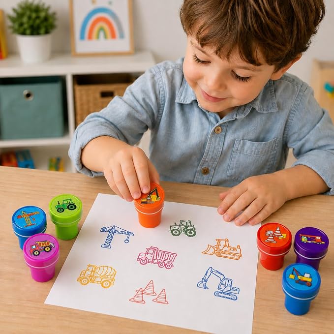 Cinrobiye 24 Pcs Construction Vehicle Stampers Party Favor Set, Cute Building Truck Stamps for Kids Birthday Party, Classroom Rewards, Carnival Prizes, Goody Bag Fillers, Themed Party Supplies