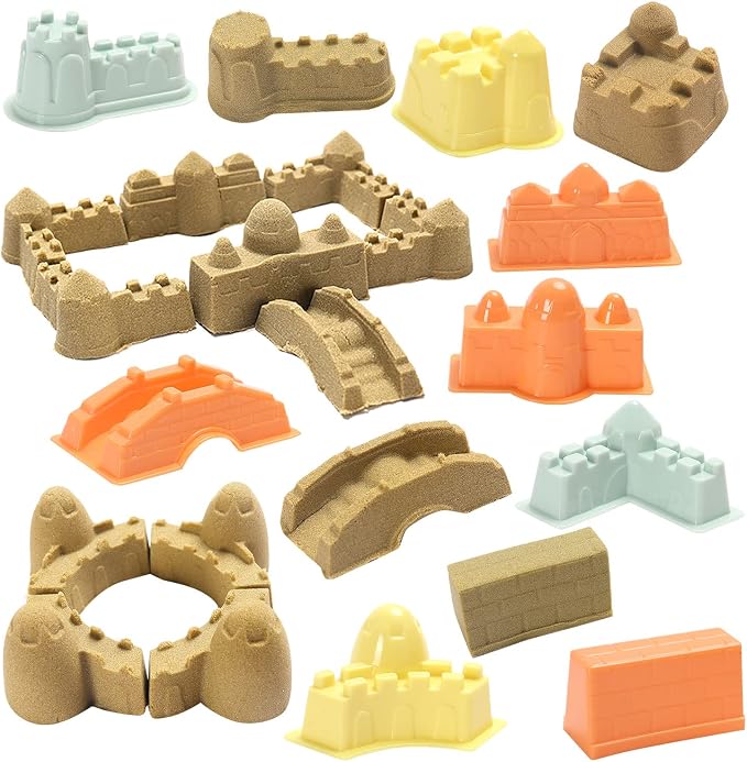 YIDESTARS Sensory Bin – Large Take Apart Trucks for Toddlers 3+ | 2.2lbs sensory sand, 4 trucks (dump/excavator/bulldozer/mixer), 8 figures, road signs, 8 molds, gift for boys girls