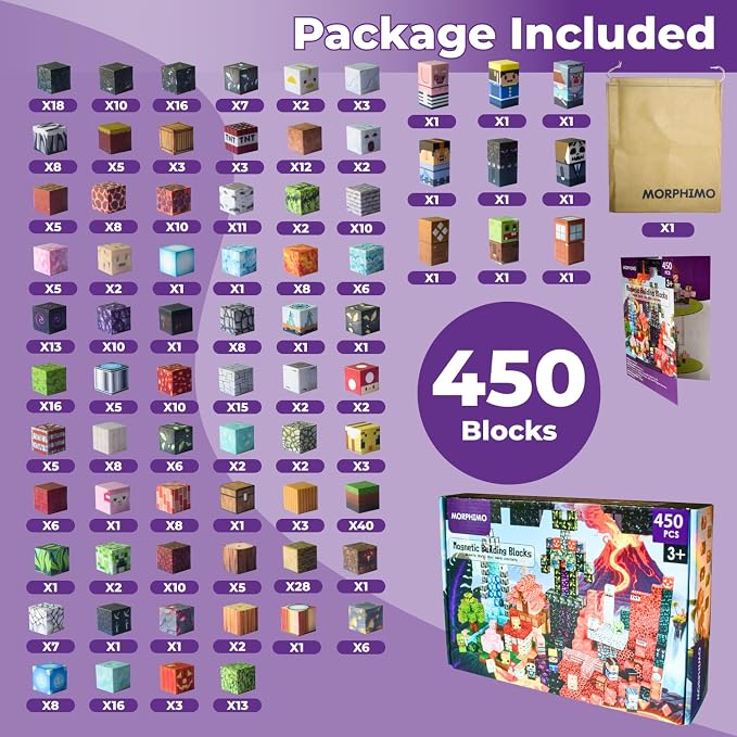 450 PCS Magnetic Building Blocks Set - Big STEM & Sensory Toy for Kids - Stacking Magnets - Instruction Book & Fabric Storage Bag - Shared Play Toy for Siblings & Friends