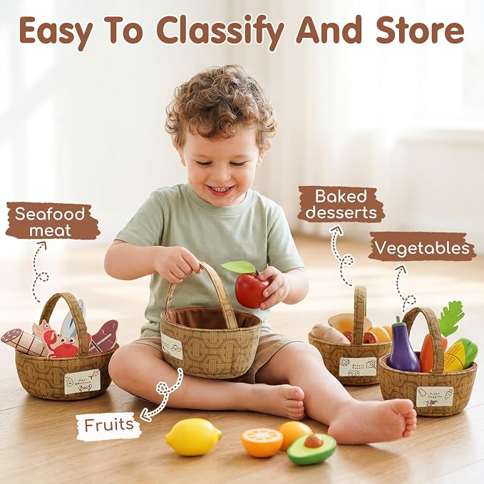 Lehoo Castle Wooden Play Food Set for Toddlers, Play Kitchen Accessories | Pretend Play Cutting Toys, 4 Baskets with Fruits Vegetables Meats Breads, Montessori Sorting Toys for Girls Boys Kids 3-5