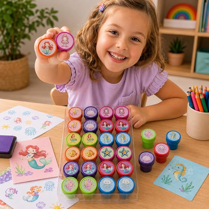 Cinrobiye 24 Pcs Mermaid Stampers Party Favor Set, Cute Under the Sea Stamps for Kids Birthday Party, Classroom Rewards, Carnival Prizes, Goody Bag Fillers, Mermaid Themed Party Supplies