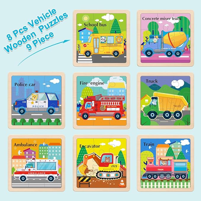 Wooden Puzzles for Toddlers 3+, 9 Pieces Vehicle Jigsaw Puzzles for Kids Ages 3-5, Toddler Toys for Preschool Learning Activities, Learning & Educational Toys, Gifts for Boys, Girls