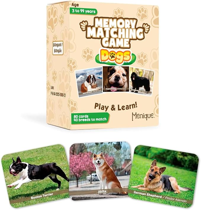 Menique – Dogs Memory Matching Game – Bilingual – 80 Cards (40 Pairs) with Real Photographs – Educational Game for Kids and Adults