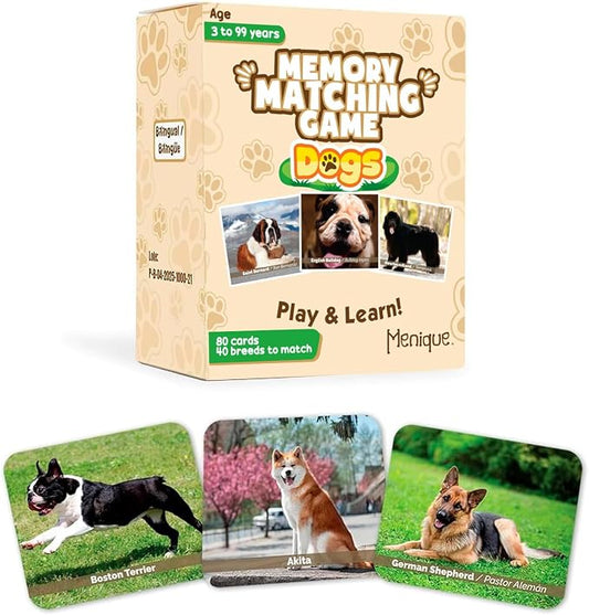 Menique – Dogs Memory Matching Game – Bilingual – 80 Cards (40 Pairs) with Real Photographs – Educational Game for Kids and Adults