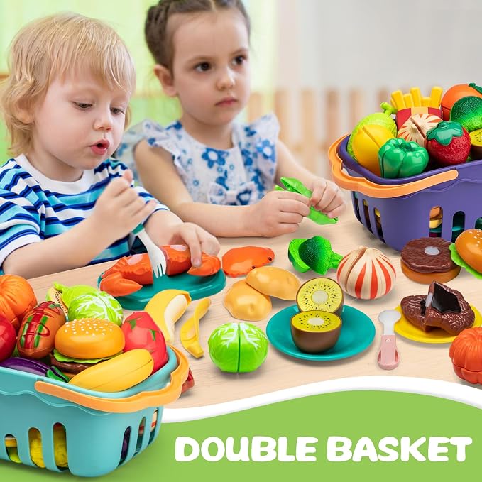 115 Pcs Cutting Play Food Toy for Kids with 2 Colors Storage Baskets | Fake Food/Fruit/Vegetable for Toddler Pretend Kitchen Accessories, Boy Girl Classroom Learning/Birthday Gift