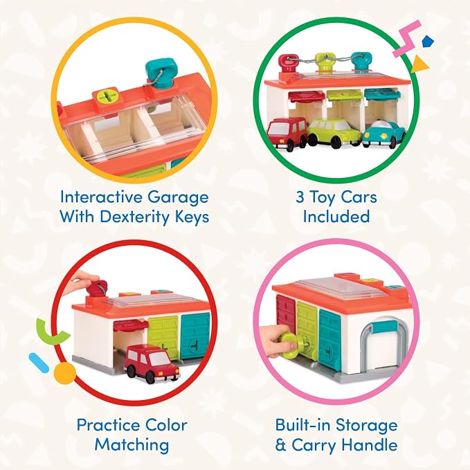 Battat 3-Car Garage, Color Sorting Push-and-Go Playset, Toddler | playset with matching keys, transparent roof, take-along handle, color and shape matching, Toddler, 2+ Years