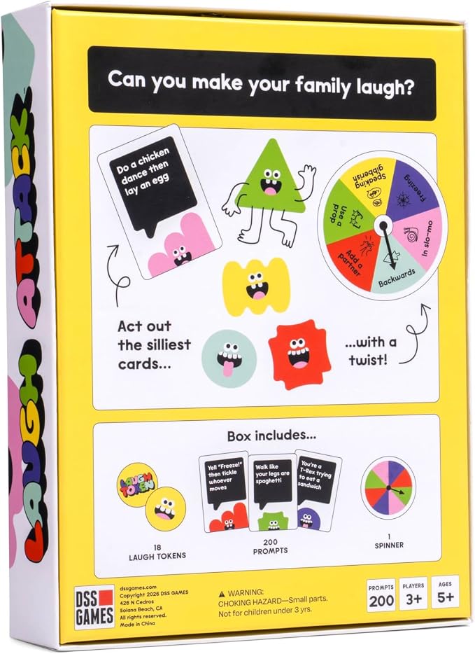 Laugh Attack | Don't Laugh Challenge Card Game for Kids & Families | Age 5+ | 200 Prompt Cards, 18 Laugh Tokens, 1 Spinner, 3+ Players, Kids Gift for Boys & Girls, Funny Game, Family Game Night