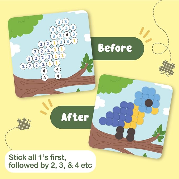 BINCA Dotties Dot Art Activity Kit, 1500+ Stickers, 8 Garden Animals Mess-Free Activities, DIY Dot Sticker Art, Kids Travel Activities, Gifts for Boys & Girls Ages 4,5,6,7