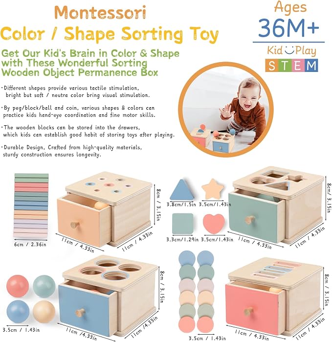 Montessori Toys for 2 3 4 5 Year Old - Wooden Object Permanence Box with Drawer Sensory Toys Shape Sorter Color Sorting Education for Baby Toddler Boy Girl Drop Busy Box (A-pegs)