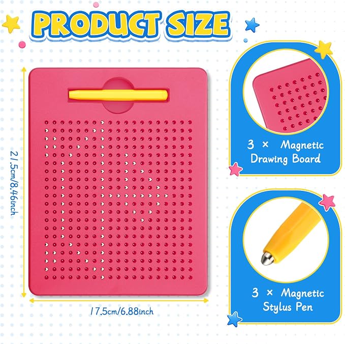 Yexiya 3 Pcs Magnetic Drawing Board for Kids, Toddler Travel Drawing Kit Magnet Sketch Thread Board with Stylus Pen and Beads Toy for Child Quiet Time Activities (7 x 8.5 Inches,Rose Red)