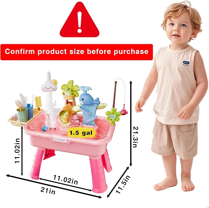 2026 Upgraded Water Table for Toddlers 1-3, Kids Mini Play Sink Toys with Running Water & Electric Pump, Kitchen Sink Sensory Toy, Fishing Game Outdoor Water Play Table for Kids Ages 4-8, Pink